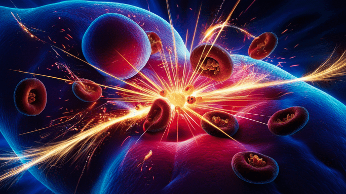 A vibrant, stylized 3D medical illustration showing red blood cells moving through a blue and purple vessel. A central point of bright yellow and white light "bursts" or radiates energy, with glowing sparks and trails extending outward, suggesting a microscopic chemical reaction or energy release.