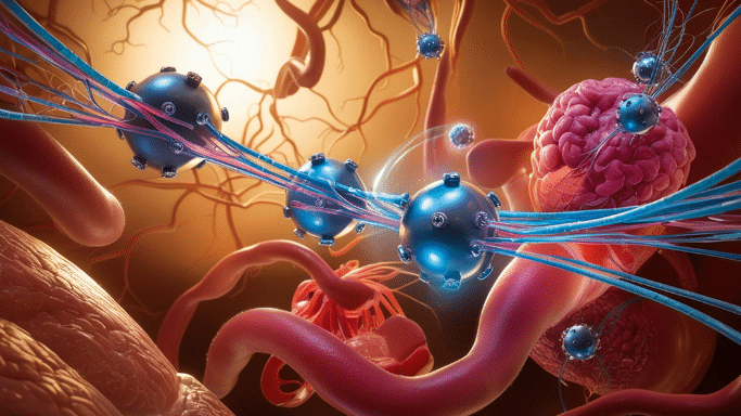 A detailed, futuristic medical illustration depicting dark blue, spherical nanobots traveling through a network of red, organic vessels. One nanobot is shown interacting with a pink, brain-like structure. Glowing blue energy lines connect the spheres, suggesting a targeted drug delivery or microscopic technology.