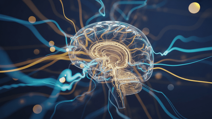 A digital illustration of a transparent human brain surrounded by glowing blue and gold electrical pulses and neural pathways, representing cognitive activity or artificial intelligence.