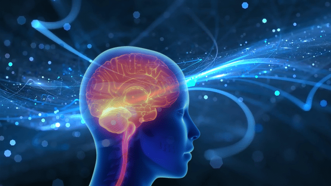 A digital profile illustration of a human head and neck in shades of blue, featuring a glowing red and orange brain structure. Abstract bright blue light streaks, particles, and geometric patterns swirl across the dark background.