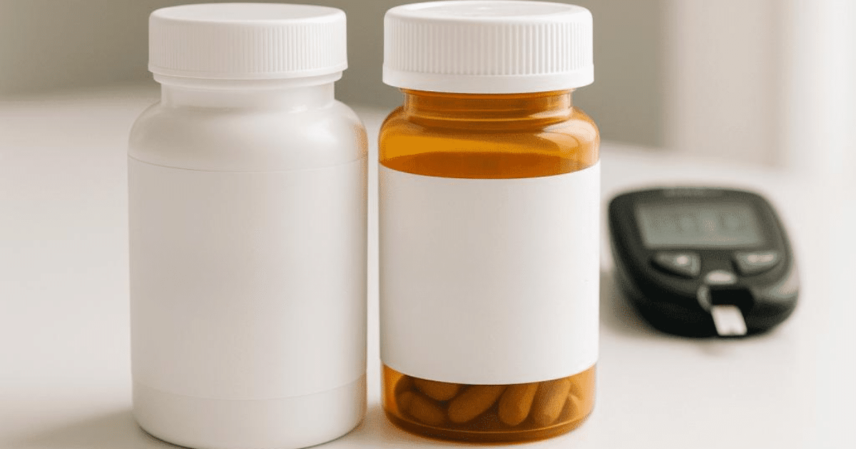 Two pill bottles with blank white labels sit side-by-side on a light surface. One bottle is solid white, and the other is translucent amber, revealing brown capsules inside. A black blood glucose meter rests slightly out of focus to the right.