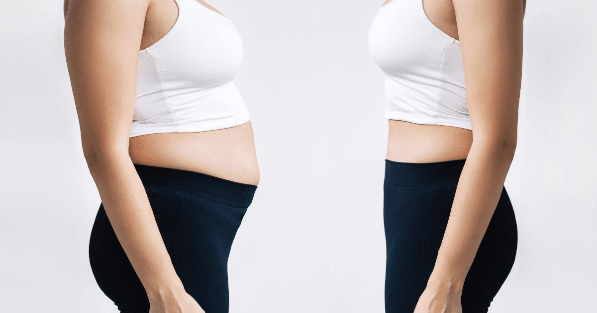 A side-by-side comparison of two torsos. On the left, a person has a visible stomach protrusion; on the right, the same person appears with a flatter midsection. Both are wearing white sports bras and black leggings against a plain white background.