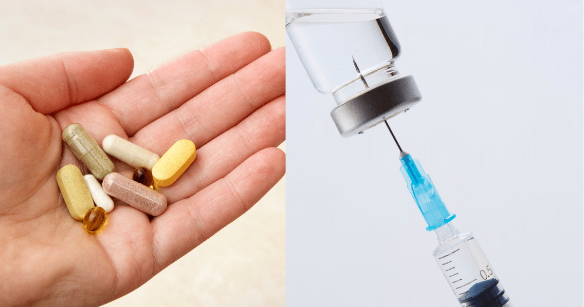 A split-screen image. On the left, an open palm holds a variety of colorful pills, capsules, and softgels. On the right, a close-up shows a medical syringe needle puncturing the rubber stopper of an inverted glass vial containing clear liquid.