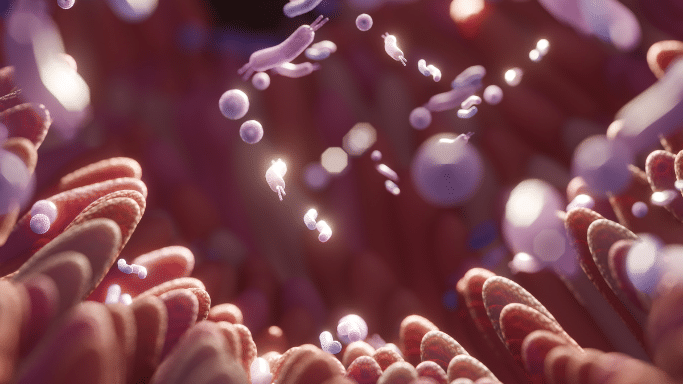 A microscopic 3D medical illustration showing finger-like tissue structures, resembling intestinal villi, with glowing purple and white bacteria and particles floating in the space between them.
