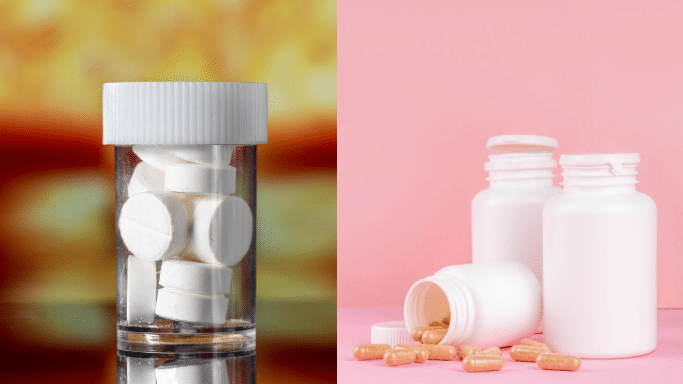 A split-screen image displaying two scenes. The left side shows a clear plastic pill bottle filled with large white round tablets against a warm, blurred amber background. The right side shows three white medicine bottles on a pink background, with one knocked over and spilling brown capsules.