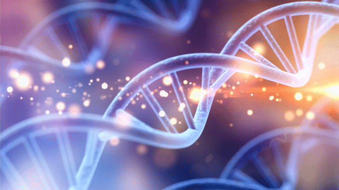 A 3D digital illustration of several DNA double-helix structures glowing in shades of white and blue. The background is a soft, out-of-focus mix of purple, blue, and gold with sparkling light particles.