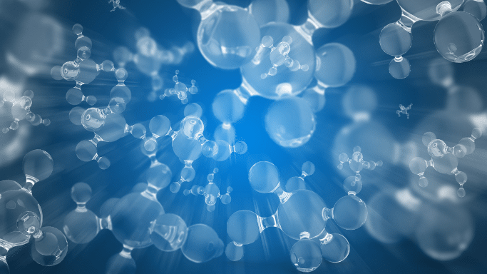 A digital rendering of transparent, glass-like molecules floating in a deep blue space. Light rays emanate from the center, creating a sense of depth and scientific complexity.