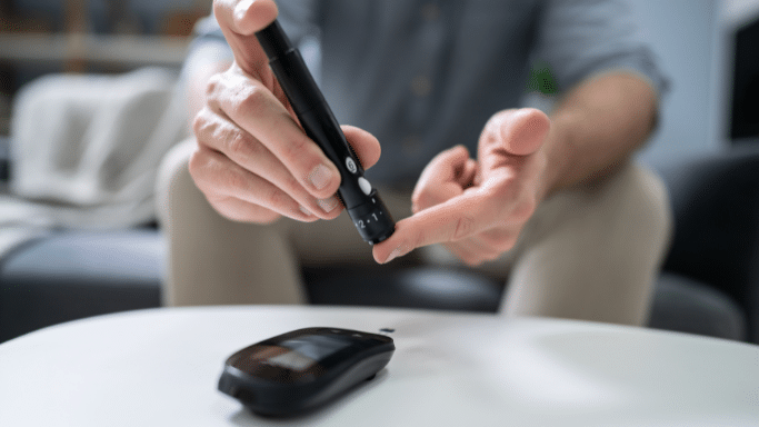 A close-up shot focusing on a person's hands as they prepare to test their blood glucose level. The person holds a black lancing device against the tip of their index finger to prick it. A digital glucose meter sits ready on the white table surface in the foreground.