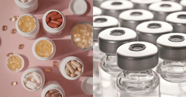 A split-screen image. The left side features an overhead view of multiple open white pill bottles filled with different types of dietary capsules and softgels on a pink background. The right side shows a dense, close-up pattern of several glass medical vials with silver caps.