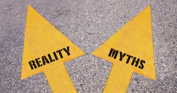 An overhead view of asphalt road pavement painted with two large yellow directional arrows splitting apart. The left arrow is stamped with the text "REALITY" in black stenciled letters, while the right arrow is stamped with "MYTHS".