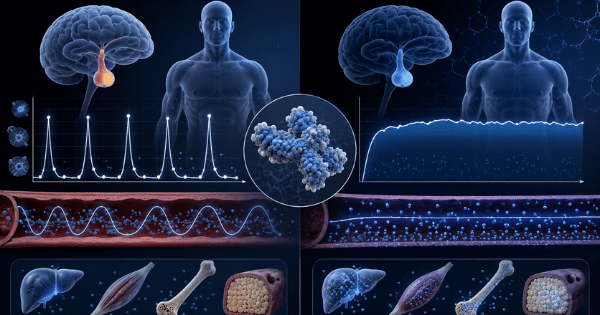 A side-by-side medical infographic comparing two hormonal states using blue anatomical models of the brain and a human torso. The left side highlights the pituitary gland in orange with a spiked, pulsatile graph and oscillating blood flow below. The right side shows the gland in blue with a steady, flat graph and continuous blood flow. A circular inset in the middle displays a 3D protein molecule structure, while icons for the liver, muscle, bone, and adipose tissue are aligned along the bottom.