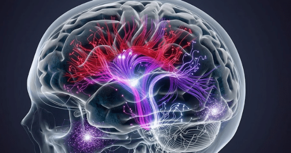 A 3D translucent anatomical graphic of a human head, showcasing glowing red and purple neural pathways and nerve fibers branching out inside the brain.