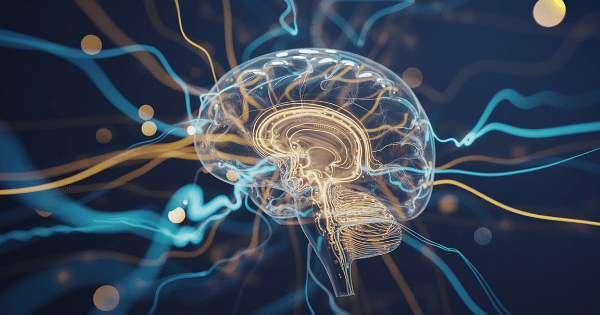 A glowing transparent 3D model of a human brain with golden electrical circuit lines mapping its internal structure, surrounded by flowing blue and yellow wave lines signifying brain activity.