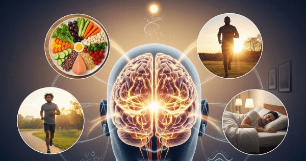 An educational infographic featuring a glowing 3D human brain in the center, surrounded by four circular icons representing healthy lifestyle habits: a balanced plate of food, two separate scenes of people running outdoors, and a man sleeping comfortably in bed.