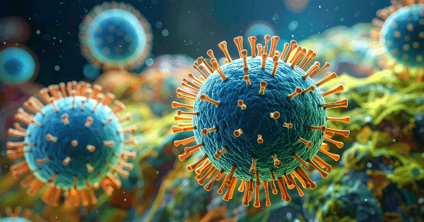 Detailed 3D rendering of blue spherical molecules covered with orange spike proteins against a colorful microscopic background.