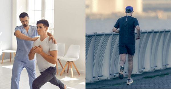 Side-by-side photo showing a physical therapy session on the left and a man jogging outdoors on the right.