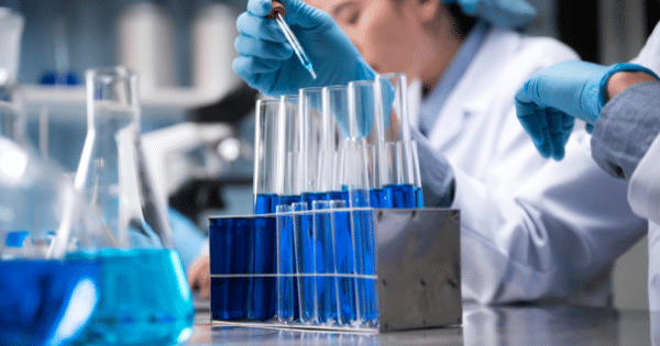 Close-up of a laboratory worker using a pipette to add liquid to test tubes filled with blue solution.