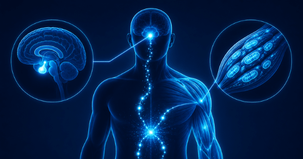 Futuristic blue digital illustration highlighting glowing neural pathways and organ systems in the human body.