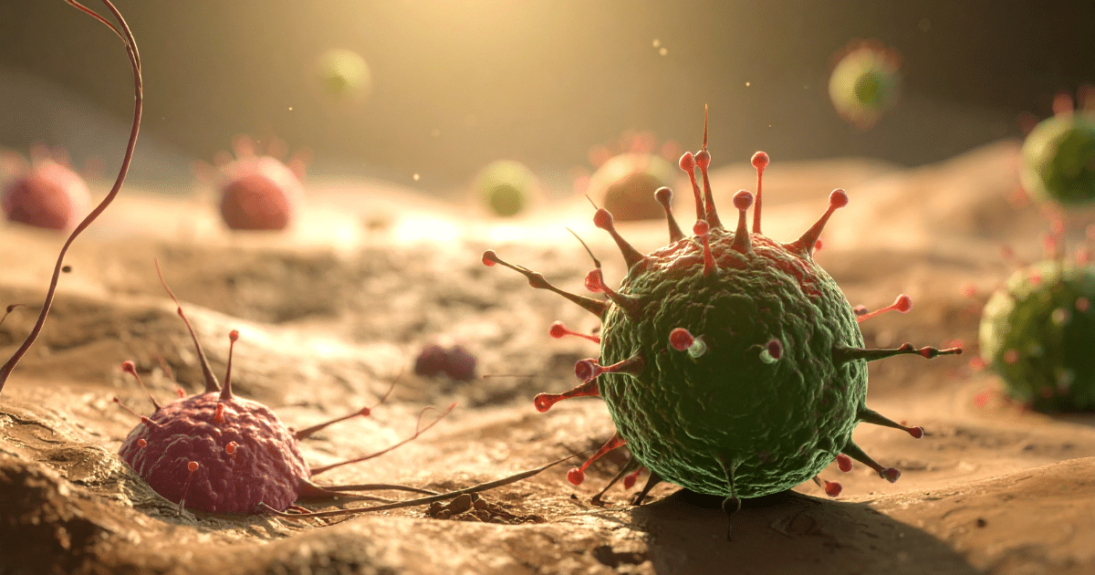 3D digital illustration of a green, spherical particle with red-tipped protein spikes sitting on a textured surface under warm spotlighting.