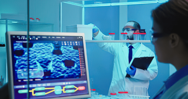 A male scientist in a lab coat, safety glasses, and blue gloves retrieving samples from a refrigerated storage unit in a medical laboratory, viewed past a computer monitor displaying biological data.
