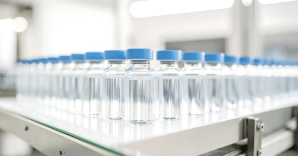 A organized row of small glass pharmaceutical vials filled with clear liquid and sealed with blue caps moving along an automated production line.