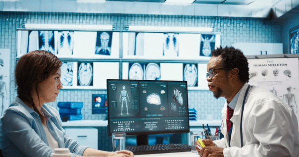 A female patient discussing medical results with a male doctor wearing a white coat and stethoscope, seated across a desk featuring a computer monitor showing brain and heart scans, with X-rays mounted on the wall behind them.