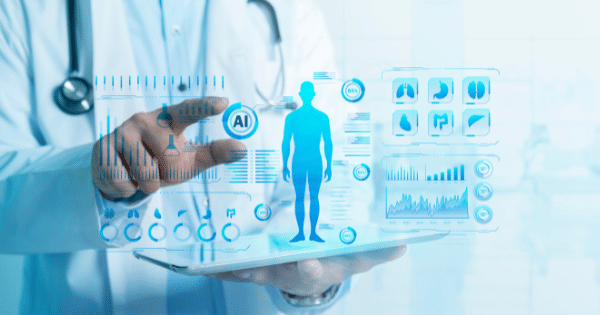 A doctor in a white coat interacting with a glowing digital interface projected from a tablet, displaying a human silhouette marked "AI" alongside medical charts and individual organ diagrams.