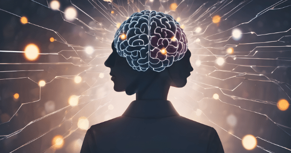 A dark silhouette of a person's head back-to-back, crowned with a brilliantly glowing, detailed illustration of a human brain emitting fractured lines of light and golden bokeh particles.