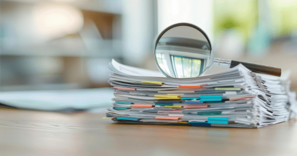 A thick, neat stack of paper documents stuffed with colorful sticky index tabs and plastic clips, resting on a wooden desk with a magnifying glass balanced on top.