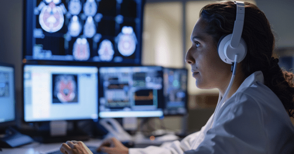 A medical professional wearing headphones sitting in front of multiple computer monitors displaying brain scans and health data.