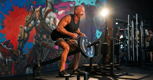 A muscular, shirtless senior man wearing black shorts performing a bent-over T-bar row exercise on a gym machine, with a colorful mural on the wall behind him.