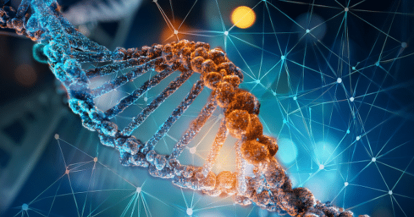 A detailed, glowing 3D rendering of a DNA double helix structure against a complex digital network background.