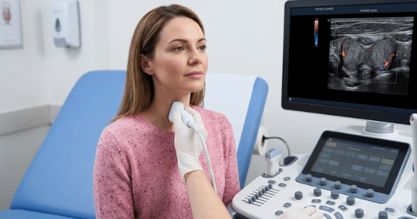 A woman sitting in a medical exam room while a clinician performs a thyroid ultrasound, with the real-time imaging displayed on a monitor.