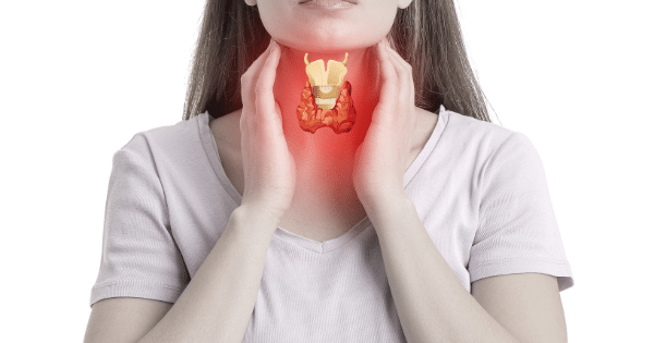 A person with their hands on their neck, with a graphic representation of the thyroid gland highlighted in red over their throat.