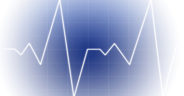 Graphic displaying a bright white electrocardiogram (ECG) heartbeat line pulsing across a blue grid background.