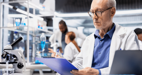 An older male scientist wearing glasses and a white lab coat reviewing a blue clipboard in a modern laboratory.