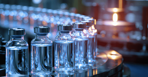 Small glass medicine vials filled with clear liquid illuminated by blue and warm lights as they move along an automated assembly line.