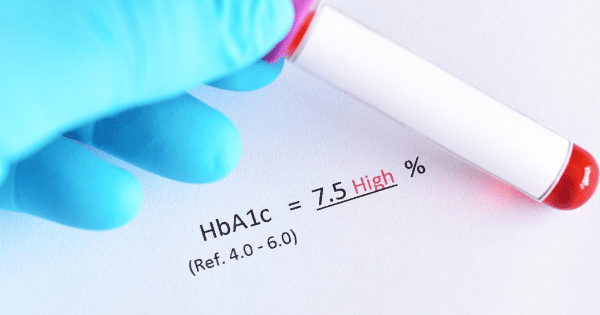 A gloved hand holds a blood sample tube over a medical report showing an HbA1c result reading "7.5 High %".