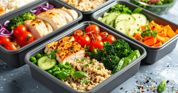Black meal prep containers neatly packed with balanced meals containing grilled chicken, quinoa, cherry tomatoes, broccoli, and cucumber slices.