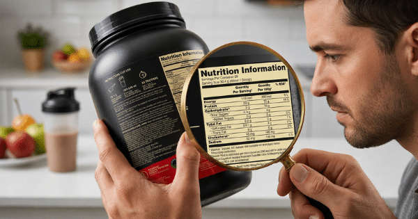 A man holds a magnifying glass over the nutrition facts label on a black tub of protein powder to read the ingredient breakdown.