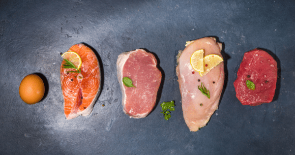 A top-down arrangement of raw protein sources lined up horizontally: a brown egg, salmon steak, pork chop, chicken breast, and beef cutlet.