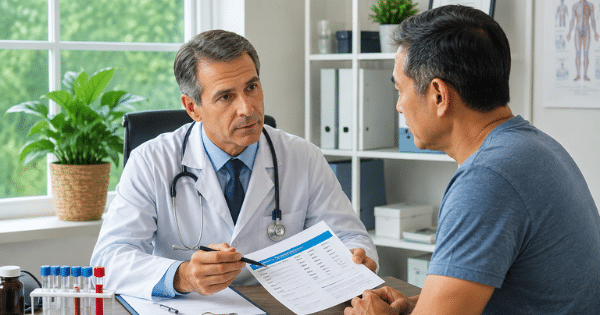 A male doctor in a lab coat and tie pointing with a pen to a medical report document while explaining findings to a male patient sitting across from him.