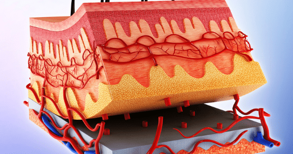 A 3D cross-sectional diagram showing the layers of human skin, featuring hair follicles, tissue structures, and a complex network of red and blue blood vessels.
