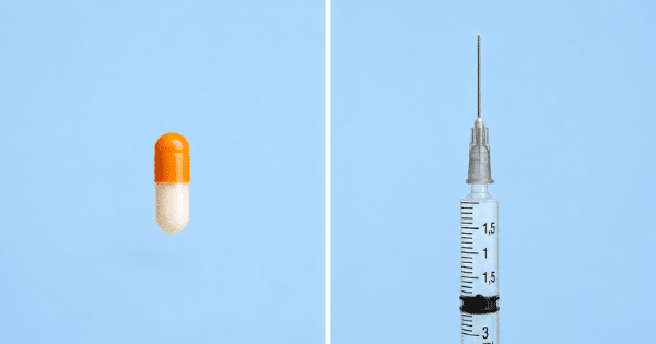 A split image showing an orange and white medication capsule on the left side and a clear medical syringe with liquid on the right side against a light blue background.