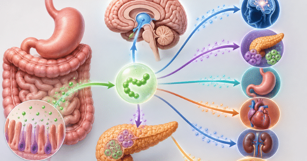 A biological diagram illustrating how hormones or peptides produced in the gastrointestinal system travel to and affect various organs, including the brain, pancreas, stomach, heart, and kidneys.