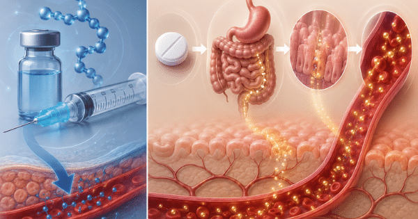 A split-screen medical graphic comparing subcutaneous injection delivery on the left with oral tablet absorption through the digestive tract into the bloodstream on the right.