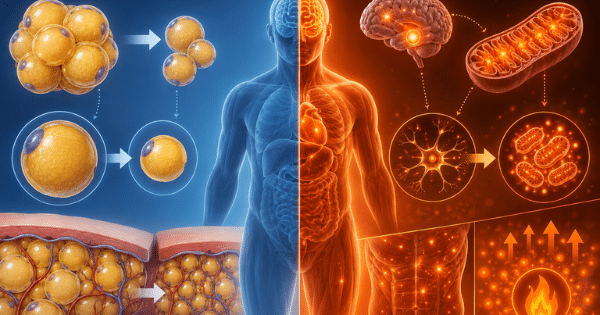 A multi-panel diagram depicting adipose tissue reduction, cellular fat metabolism, and systemic thermogenesis across a split blue and orange human silhouette.