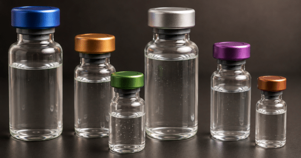 A collection of small clear glass pharmaceutical vials filled with liquid, sealed with brightly colored caps in blue, gold, green, silver, purple, and copper.