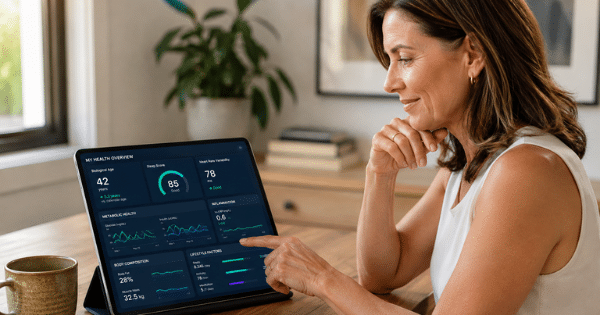 A woman reviewing a health dashboard on a tablet displaying metrics for biological age, sleep, metabolic health, and body composition.