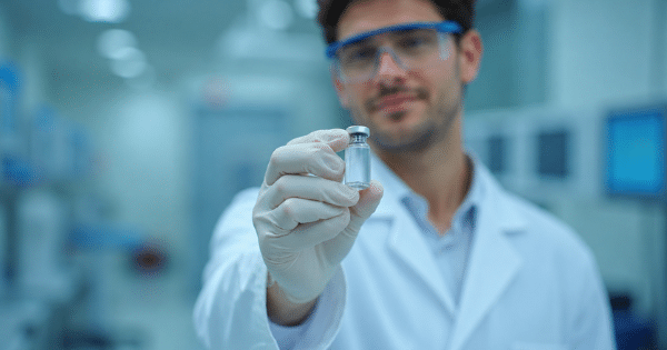 A scientist or laboratory technician wearing protective safety glasses, a white lab coat, and white gloves holding up a small glass medication vial filled with clear liquid directly toward the camera, with a blurred laboratory background.